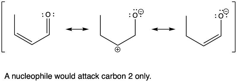 Three resonance structures with nucleophile attacking carbon 2 only.