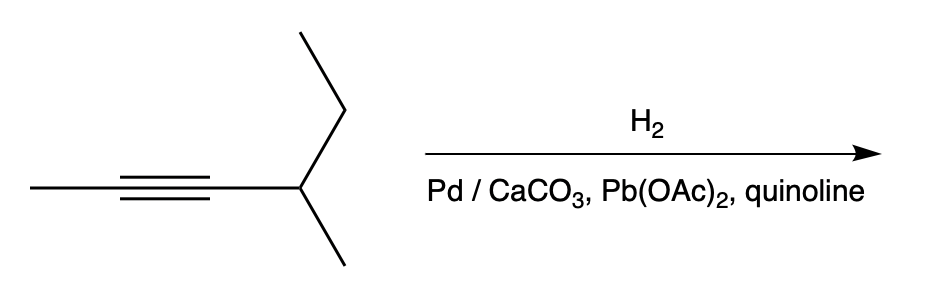 Chemical reaction showing alkyne hydrogenation with a poisoned catalyst.