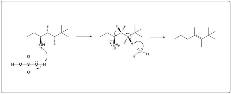 Dehydration reaction mechanism with sulfuric acid catalyst shown.