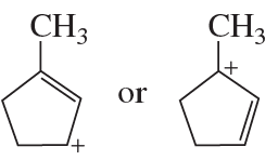 Two resonance structures of a cyclohexane derivative with a methyl group, showing charge distribution differences.