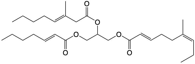 Chemical structure of a triglyceride for ozonolysis analysis in organic chemistry.