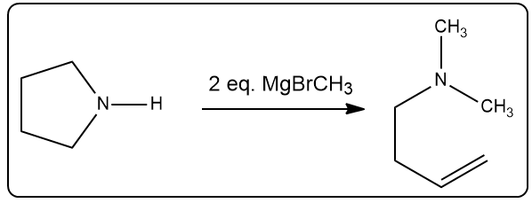 Hofmann elimination reaction with 2 equivalents of MgBrCH3 as reagents.