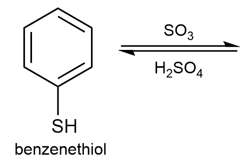 Electrophilic aromatic substitution reaction with benzenethiol and sulfuric acid.