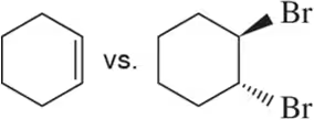 Two hexagonal chemical structures, one with a double bond and one with a bromine substituent, labeled "vs."