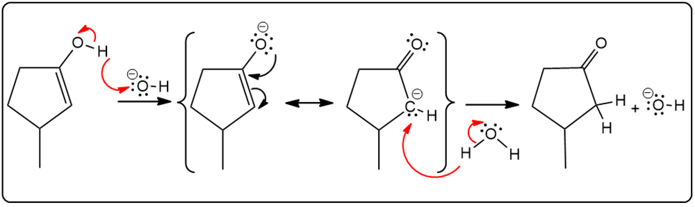 Alternative mechanism for enol to carbonyl conversion with electron movement.