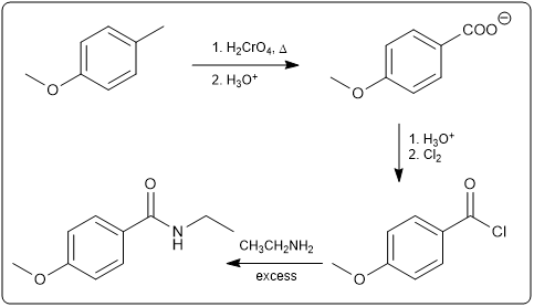 Synthesis steps using H2CrO4 and H3O+ for carboxylation reaction.