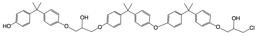 Chemical structure of epoxy resin with a chlorine atom from epichlorohydrin and bisphenol A.