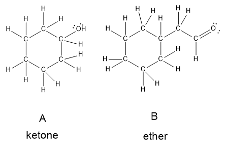 Lewis structures of two compounds labeled A and B, showing a ketone and an ether.