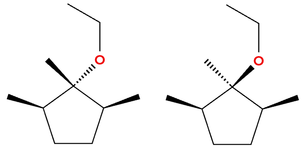 Two cyclopentane structures showing different stereochemistry of an ethoxy group attached to the ring.