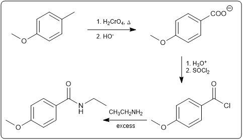 Synthesis steps using H2CrO4 and H3O+ for carboxylation reaction.