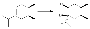 Chemical reaction diagram showing hydrogenation with D2 as a reagent.