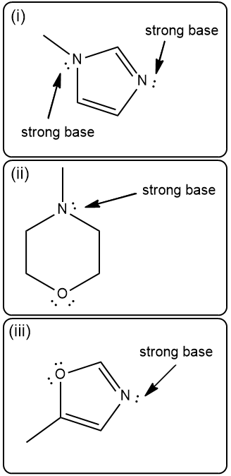 Three aromatic heterocycles with labels indicating strong basicity of nitrogen atoms.