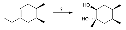 Chemical reaction diagram showing dihydroxylation with question about reagents needed.