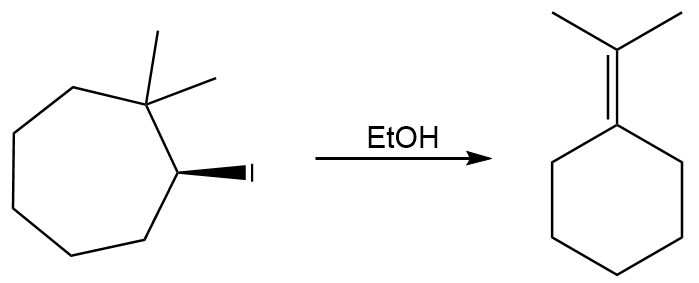 E1 reaction mechanism showing a cyclohexane structure converting to a product with EtOH.