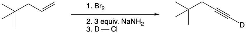 Reaction scheme showing Br2, NaNH2, and D-Cl leading to an acetylide product with deuterium.