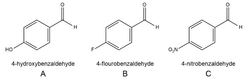 Structures of 4-hydroxybenzaldehyde, 4-fluorobenzaldehyde, and 4-nitrobenzaldehyde for IR spectroscopy practice.