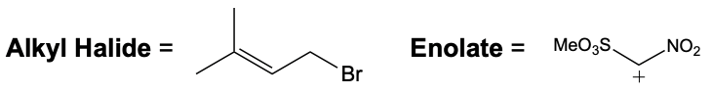 Alkyl halide and enolate structures with positive charge notation for catalytic allylic alkylation.