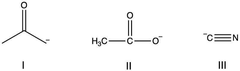 Chemical structures of three ions labeled I, II, and III for nucleophilic strength comparison.