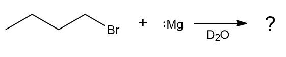 Grignard reagent preparation with heavy water, showing reactants and reaction arrow.