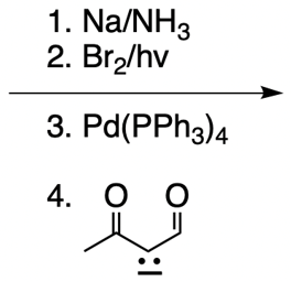 Reaction scheme with Na/NH3, Br2/hv, and Pd(PPh3)4 for synthesizing a compound from 1-pentyne.