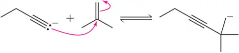 Chemical reaction diagram showing electron movement and equilibrium between reactants and products.
