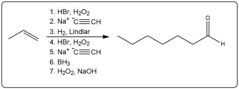 Another set of reaction steps for synthesizing an aldehyde using alkynide synthesis.