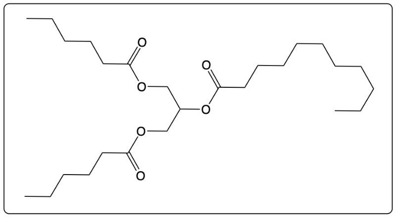Chemical structure of a triglyceride with double bonds, no reaction indicated.