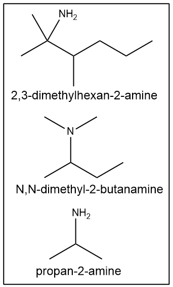 Structures for 2,3-dimethylhexan-2-amine, N,N-dimethyl-2-butanamine, and propan-2-amine.