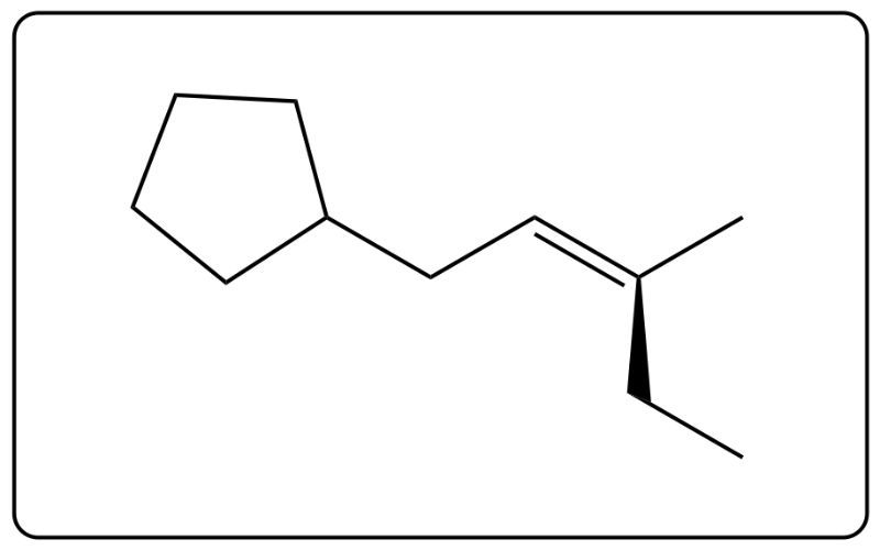 Chemical structure diagram of a compound with a cyclohexane ring and a double bond.