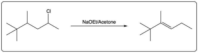 Chloroalkane reacting with NaOEt/Acetone to produce an alkene in an elimination reaction.