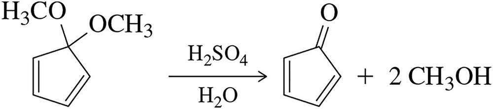 Chemical reaction diagram showing acetal hydrolysis with sulfuric acid and water, producing a carbonyl compound and methanol.