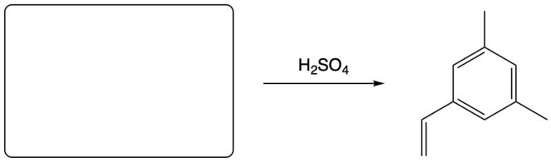 Reaction diagram showing dehydration of an alcohol to form an aromatic alkene with H2SO4.