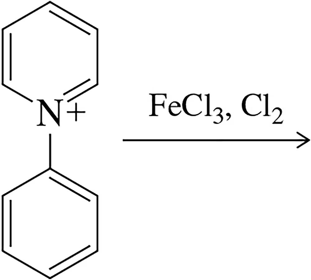 Chemical structure of a pyridinium ion with a benzene ring, indicating chlorination conditions with reagents.