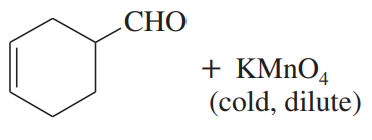 Chemical structure of a benzaldehyde with the formula CHO, reacting with cold, dilute potassium permanganate (KMnO4).