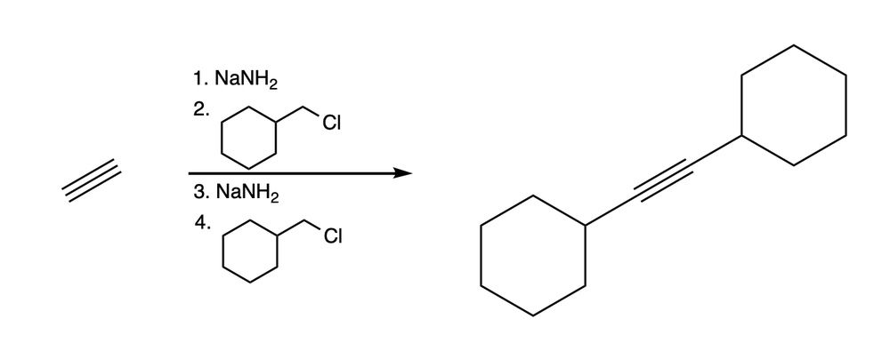 Reaction steps for forming acetylide from alkyl halides.