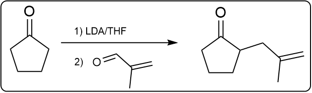 Enolate alkylation reaction using LDA/THF and an oxygen nucleophile.