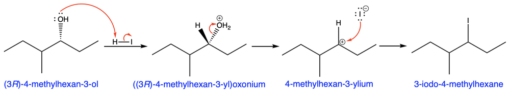 Reaction mechanism showing transformation from 4-methylhexan-3-ol to 3-iodo-4-methylhexane.