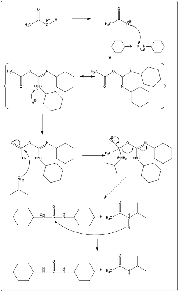 Schematic representation of an organic reaction mechanism with detailed steps and intermediates.