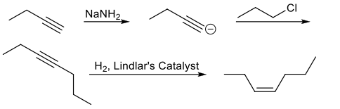 Stepwise chemical reaction scheme showing synthesis of cis-hept-3-ene from but-1-yne with reagents and conditions.