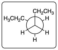 Newman projection of a staggered conformation with two ethyl groups.