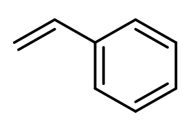 Chemical structure of styrene, a compound relevant to anionic polymerization.