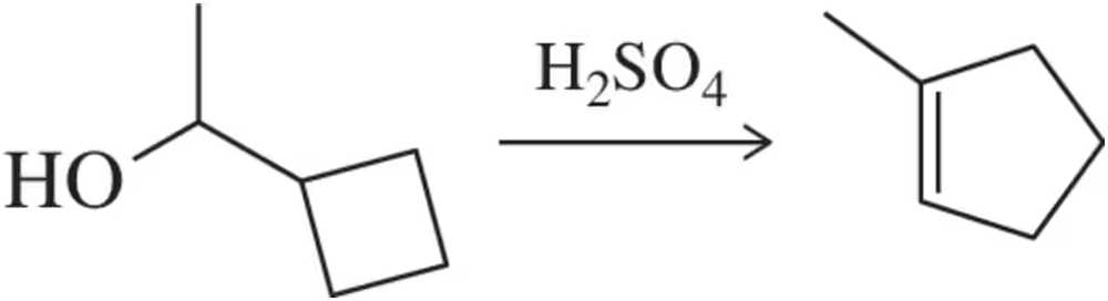 Chemical reaction diagram showing dehydration of an alcohol to form an alkene, with sulfuric acid as a catalyst.