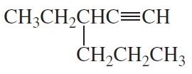 Structural formula of an alkene with a double bond and a branched chain, labeled for naming practice.