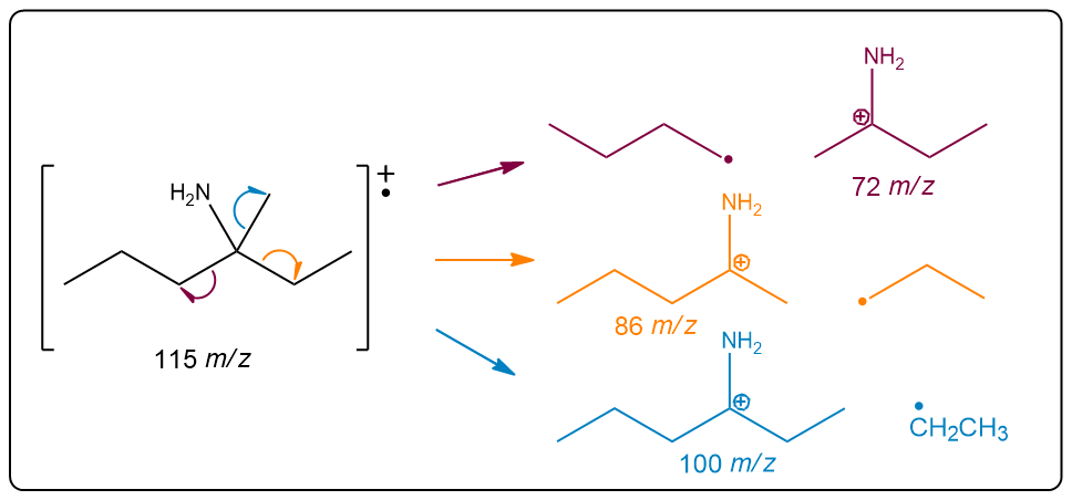 Mass spectrum showing fragmentation pathways of 3-methylhexan-3-amine with m/z values.