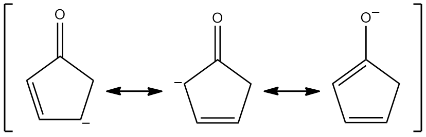 Three resonance structures of a compound with a hydroxyl group and a pentagonal ring, indicating charge distribution.