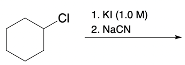 Chlorobenzene with KI and NaCN reagents for nucleophilic catalysis.