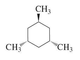 Molecule diagram showing a cyclohexane with one solid wedge and one hatched wedge indicating 3D orientation of substituents.