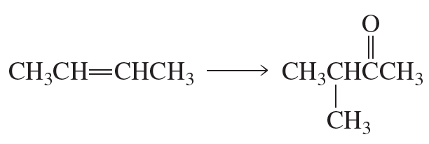 Chemical reaction showing the conversion of butene to a carbonyl compound with structural formulas.