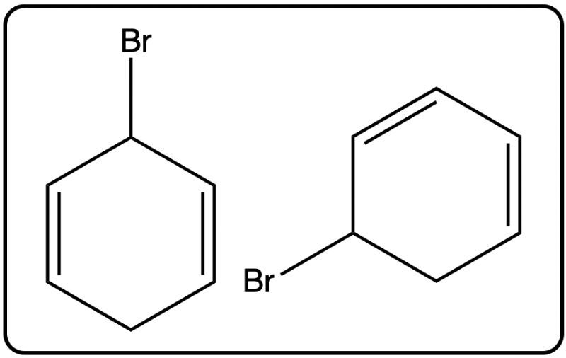 Two brominated products from allylic bromination with different structures.