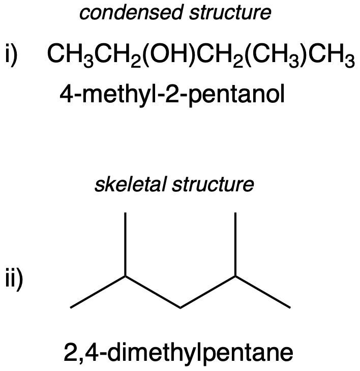 Condensed and skeletal structures of 4-methyl-2-pentanol and 2,4-dimethylpentane.